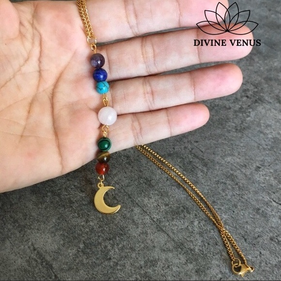 Chakra Moon Genuine Gemstones Necklace Choker - Picture 4 of 5